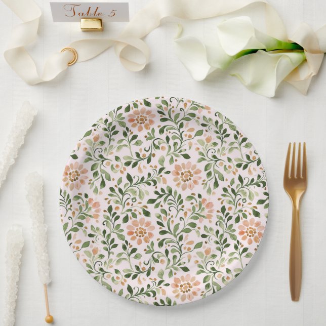 Blush Peach Flowers Green Leaves Bridal Shower Paper Plate (Wedding)