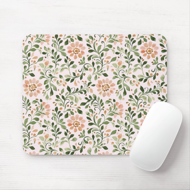 Blush Peach Flowers Green Leaves Mouse Mat (With Mouse)