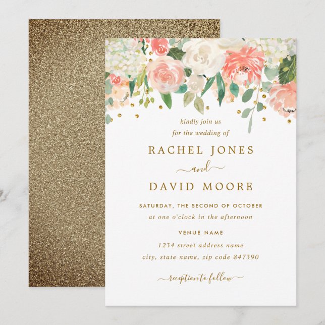 Blush Peach Gold Rustic Floral Wedding Invitation (Front/Back)