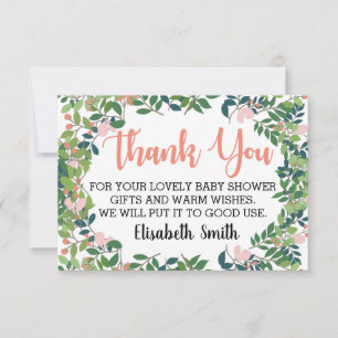 Blush Peach Greenery Trendy Baby Shower Thank You Card