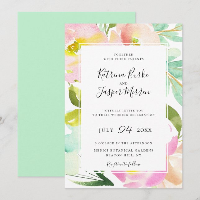 Blush Peach Mint Botanical Floral Wedding Invitation (Front/Back)