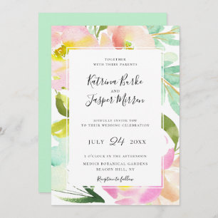 Blush Peach Mint Botanical Floral Wedding Invitation