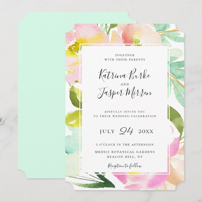 Blush Peach Mint Botanical Floral Wedding Invitation (Front/Back)