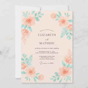 Blush Peach Mint Leafy Wedding Invitation