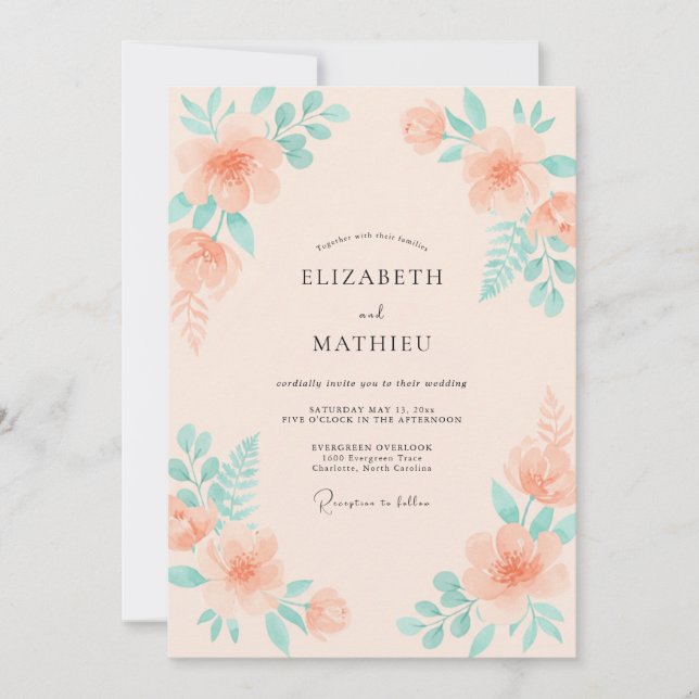 Blush Peach Mint Leafy Wedding Invitation (Front)