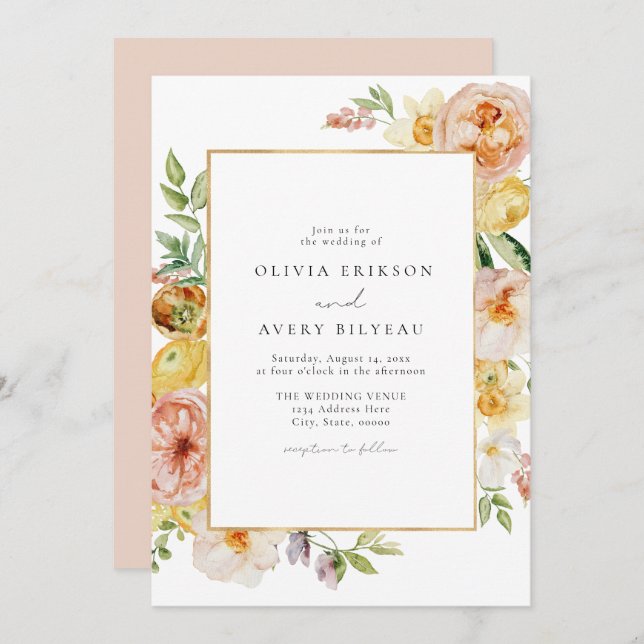 Blush & Peach Pastel Floral Garden Wedding Invitation (Front/Back)
