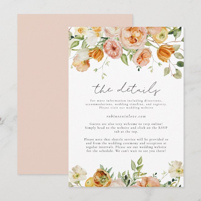 Blush & Peach Pastel Spring Floral Wedding Details Invitation (Front/Back)