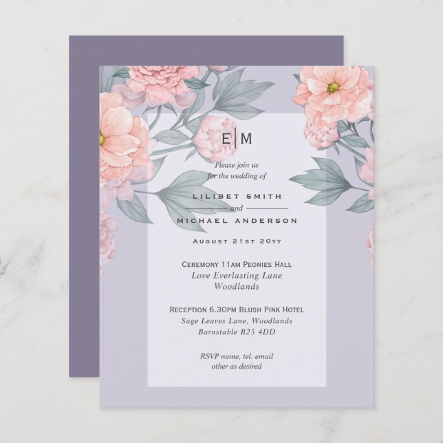 Blush Peach PEONIES Blue Wedding Invite BUDGET (Front/Back)