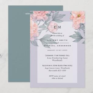 Blush Peach PEONIES Blue Wedding Invite Reception