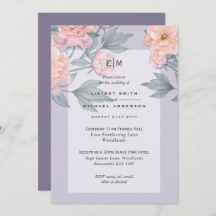 Blush Peach PEONIES Blue Wedding Invite Reception