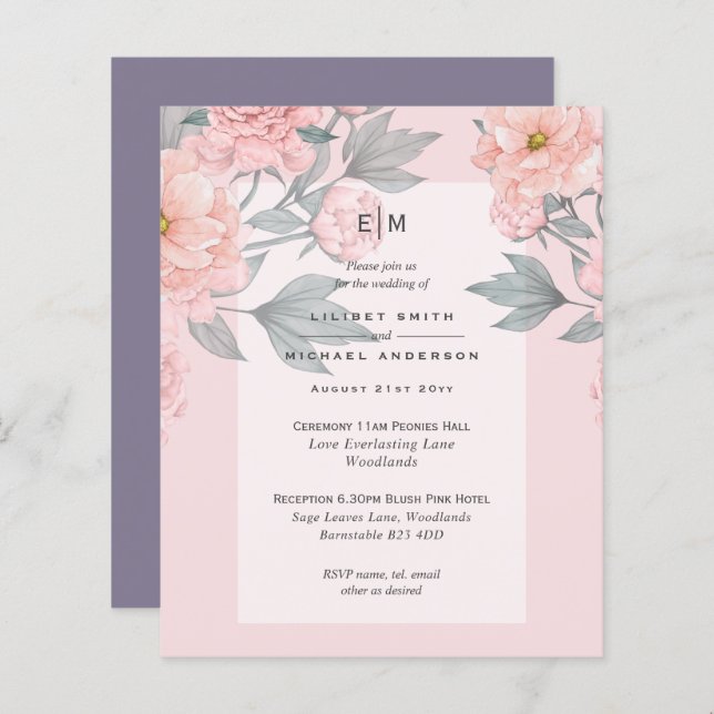Blush Peach PEONIES Lilac Wedding Invite BUDGET (Front/Back)