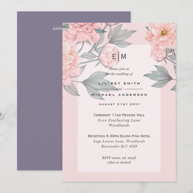 Blush Peach PEONIES Lilac Wedding Invite Reception (Front/Back)