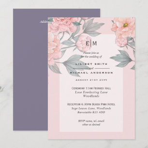 Blush Peach PEONIES Lilac Wedding Invite Reception