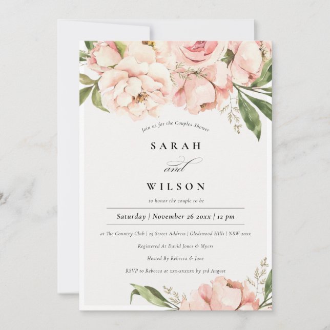 Blush Peach Peony Floral Couples Shower Invite (Front)