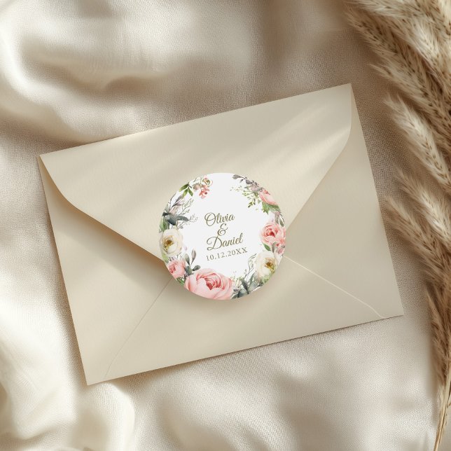 Blush & Peach Peony Wedding Envelope Seal (Pale Peach and Blush Pink Floral Wedding Classic Round Sticker on a wedding envelope.)