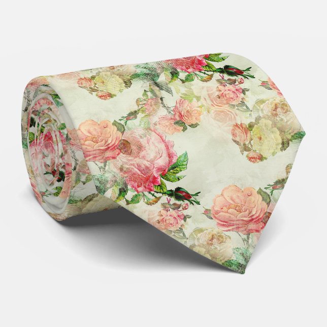 Blush Peach Pink Antique Floral Roses Art Pattern Tie (Rolled)