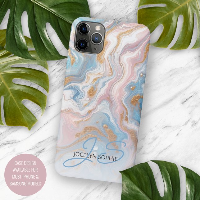 Blush Peach Pink Blue Gold Marble Art Pattern iPhone Case (Creator Uploaded)