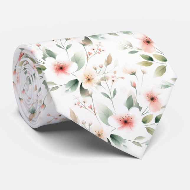 Blush Peach Pink Floral Sage Green Leaves Pattern Tie (Rolled)