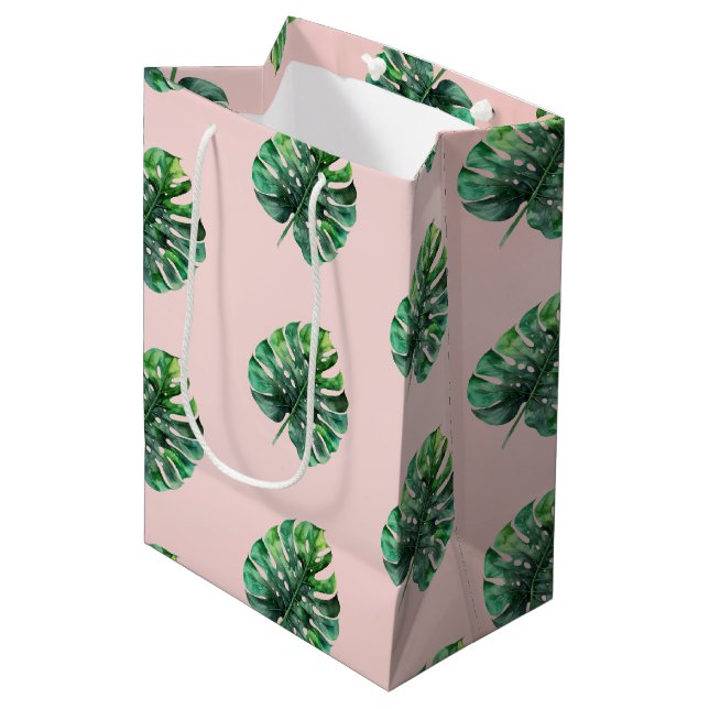 Blush Peach Pink Green Tropical Leaves Medium Gift Bag (Front Angled)