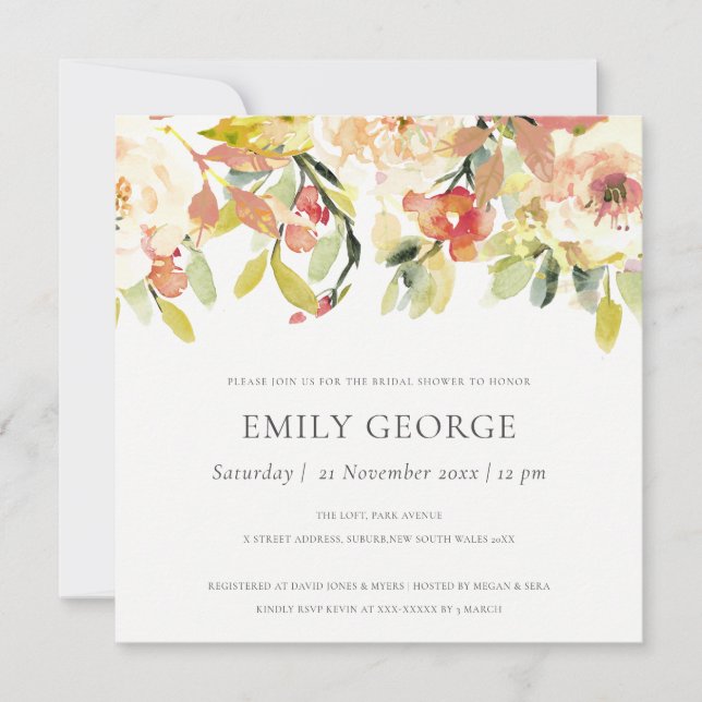 BLUSH PEACH PINK WATERCOLOR FLORAL BRIDAL SHOWER INVITATION (Front)