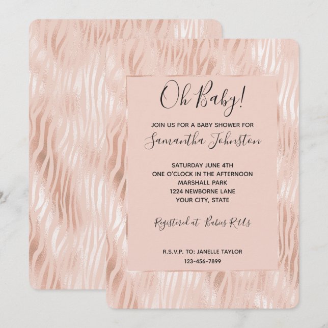 Blush Peach Pink Zebra Baby Shower Invitation (Front/Back)