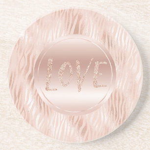 Blush Peach Pink Zebra print Glitter Love Coaster