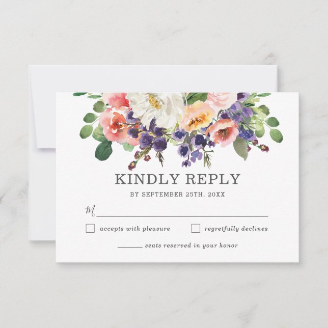 Blush Peach Purple White Floral Greenery Wedding RSVP Card (Front)