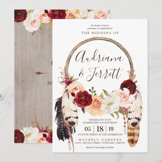 Blush & Peach Rose Dream Catcher Boho Wedding Invitation (Front/Back)