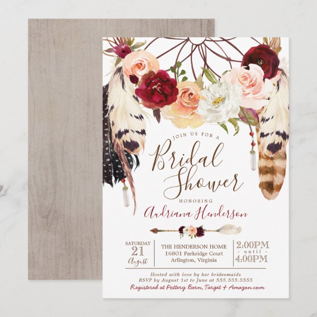Blush & Peach Rose Dreamcatcher Boho Bridal Shower Invitation (Front/Back)
