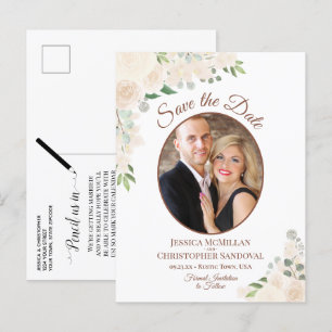 Blush Peach Roses Oval Photo Wedding Save the Date Announcement Postcard