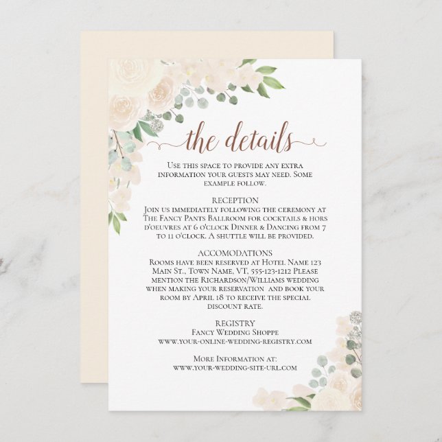 Blush Peach Roses Rustic Boho Chic Wedding Details Enclosure Card (Front/Back)