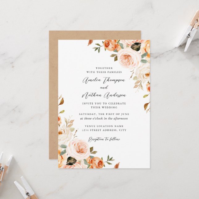 Blush Peach Rustic Botanical Florals Wedding Invitation (Front/Back In Situ)