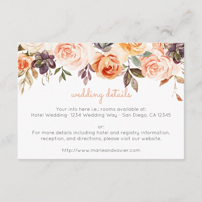 Blush & Peach Rustic Floral Wedding Details Enclosure Card (Front)