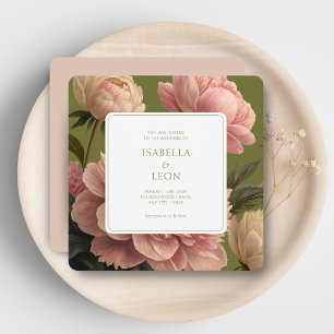 Blush Peach   Vintage Olive Green & Rose Wedding  Invitation