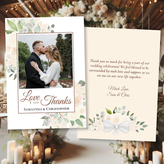 Blush Peach Watercolor Floral Photo & Note Wedding Thank You Card | Zazzle