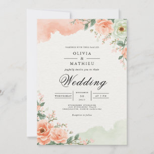 Blush Peach Watercolor Floral Wedding Invitation