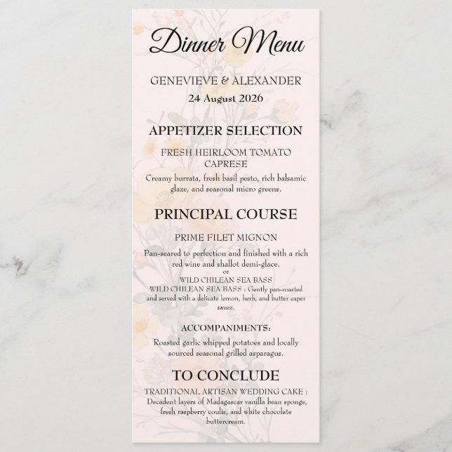 Blush Peach Wildflower Botanical Wedding Menu Card (Front)