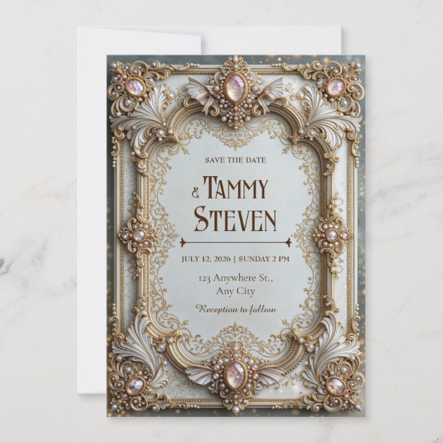 Blush Pearl Gilded Baroque Frame Wedding Invitation (Front)