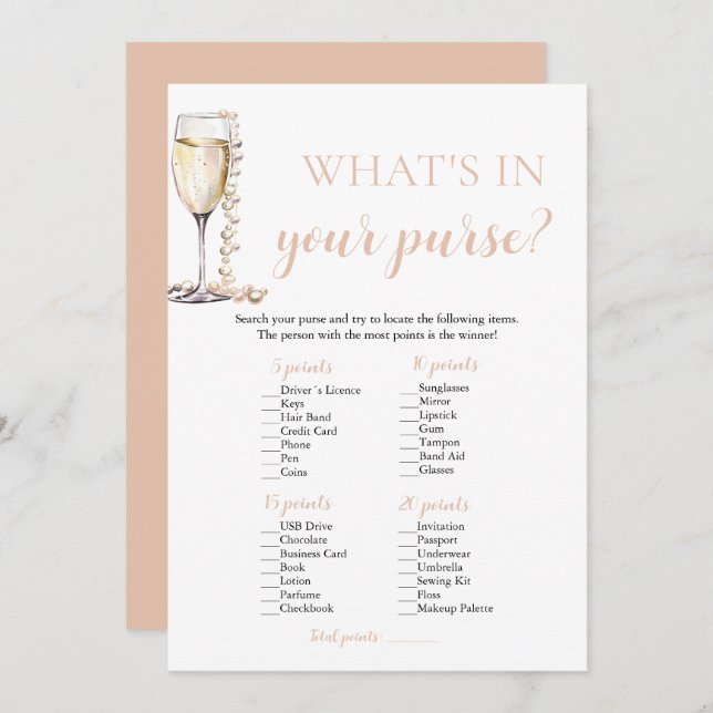 Blush Pearls & Prosecco What's In Your Purse Game Invitation (Front/Back)