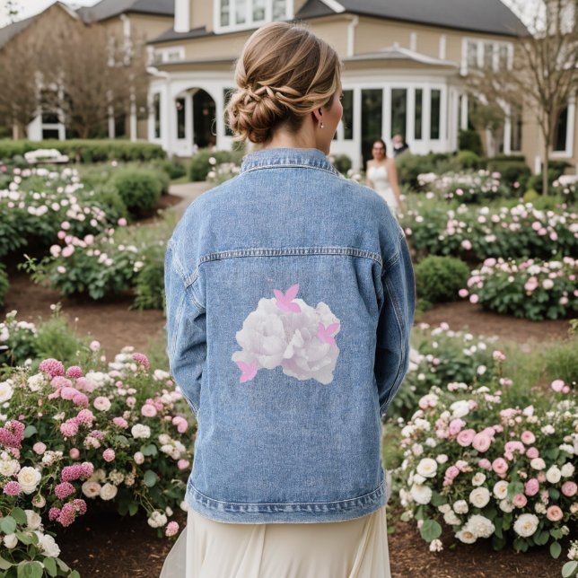 Blush Peonies and Pink Butterflies Denim Jacket (Wedding Back)