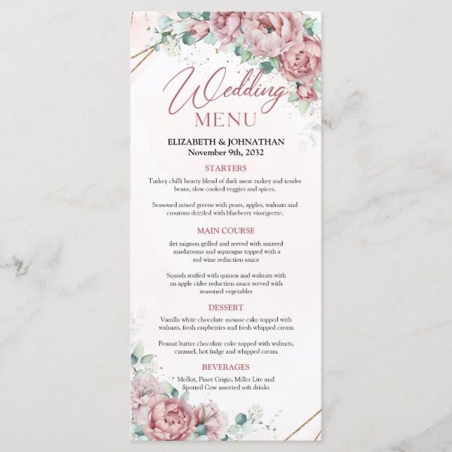 Blush peonies eucalyptus faux gold frame menu (Front)