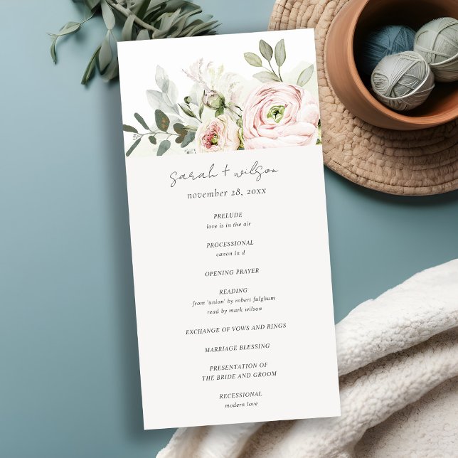 Blush Peonies Eucalyptus Foliage Wedding Program Thank You Card (Creator Uploaded)