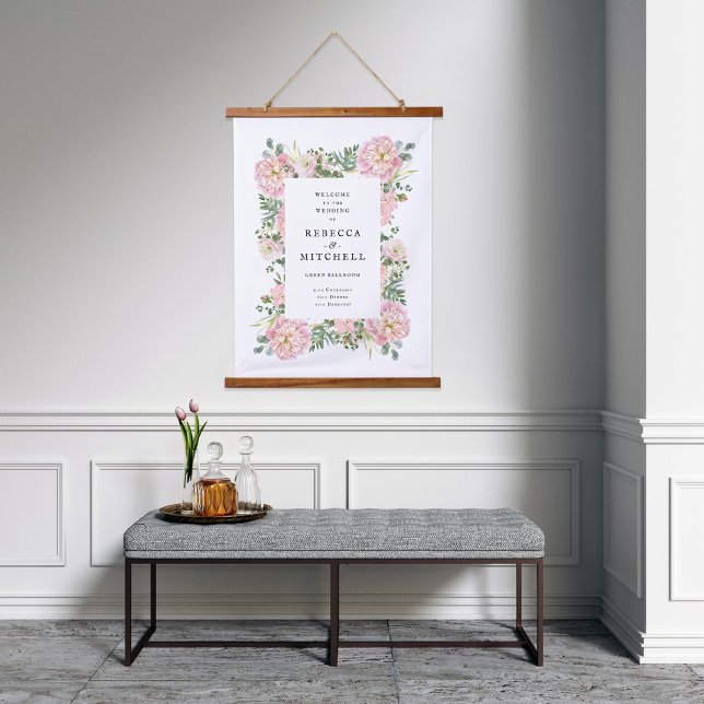 Blush Peonies Hydrangea Eucalyptus Wedding Welcome Hanging Tapestry (Creator Uploaded)