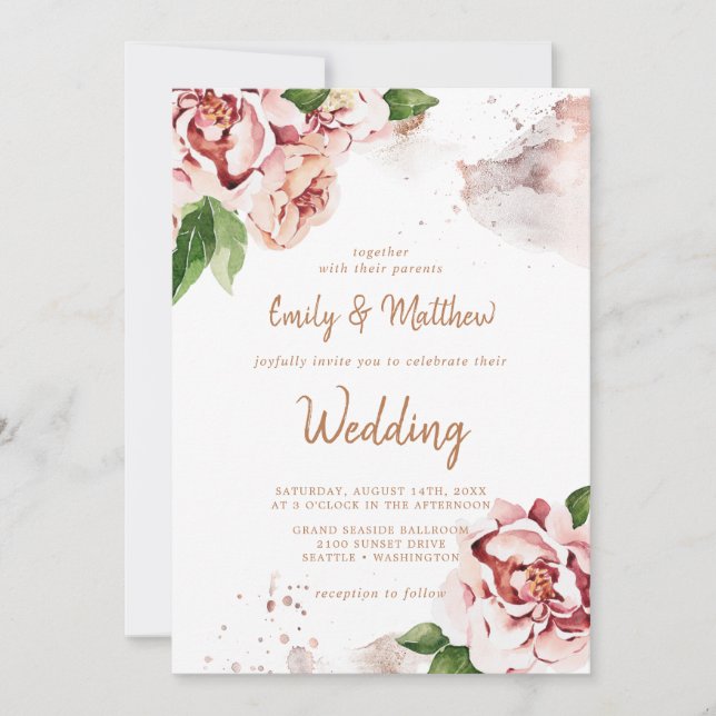 Blush Peonies Modern Abstract Faux Glitter Wedding Invitation (Front)