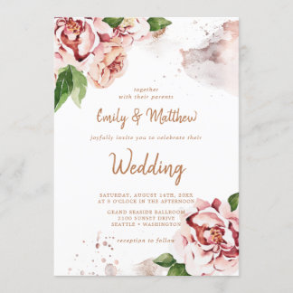 Blush Peonies Modern Abstract Faux Glitter Wedding Invitation