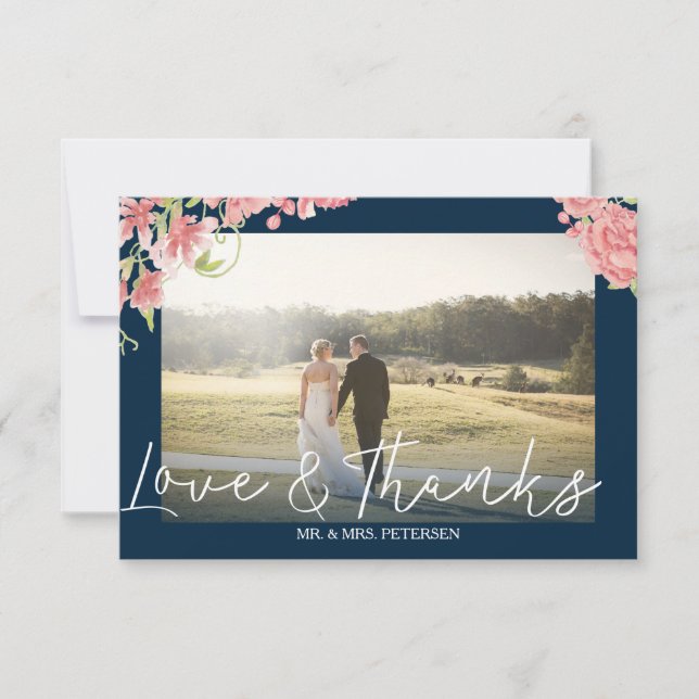 Blush peonies white navy wedding photo thank you (Front)