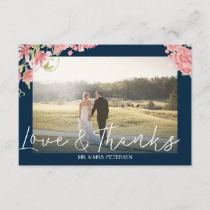 Blush peonies white navy wedding photo thank you card