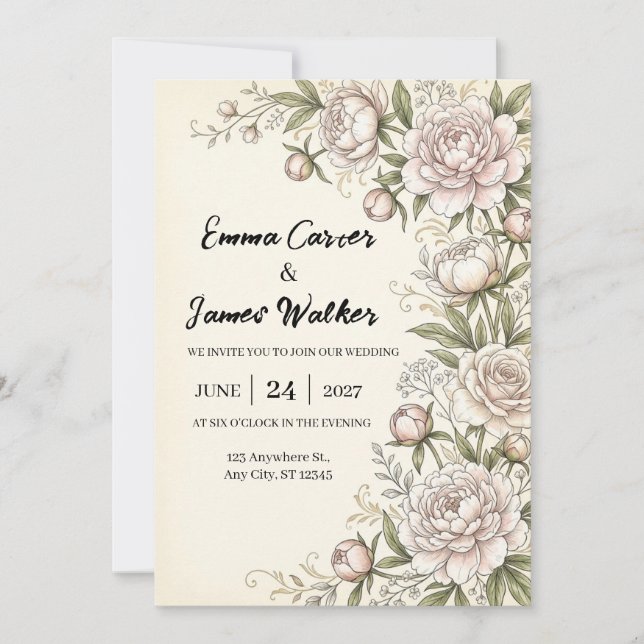 Blush Peony Botanical Wedding Invitation (Front)
