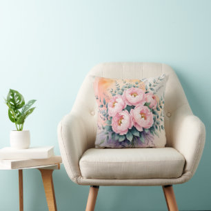 "Blush Peony Bouquet at Sunset Watercolor Floral Cushion
