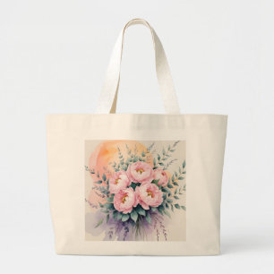 "Blush Peony Bouquet at Sunset Watercolor Floral Large Tote Bag